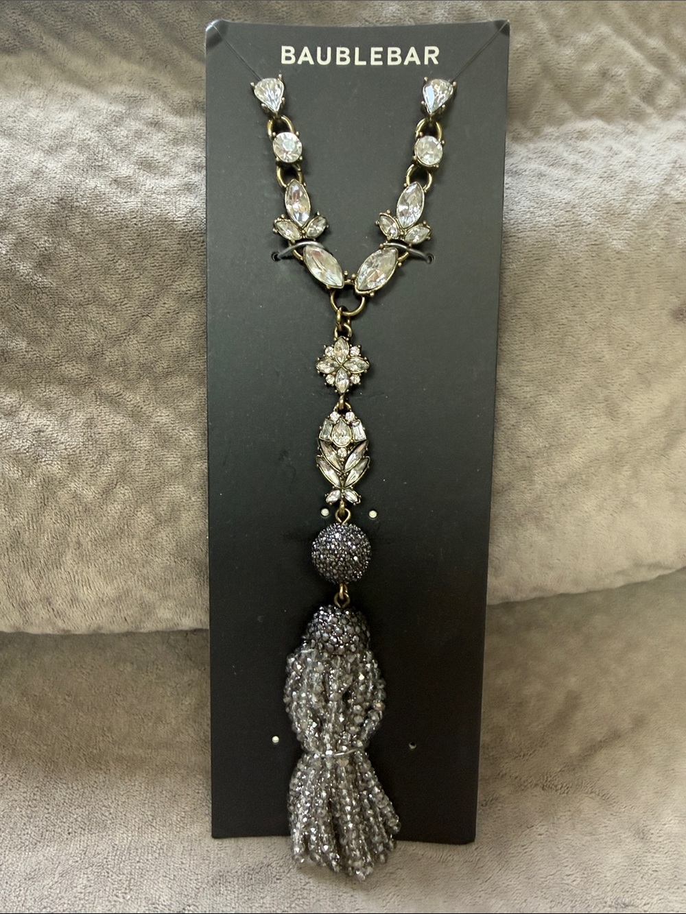 BaubleBar Clear Crystal and Gunmetal Beaded Tassel Necklace